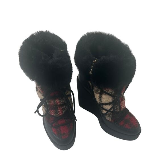 Jessica Simpson women's Wedge Red Plaid with Black Fur Boots - Picture 1 of 4